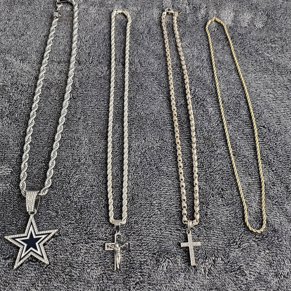 Stainless and Goldplated Chain Necklace Set with Star and Cross Pendants